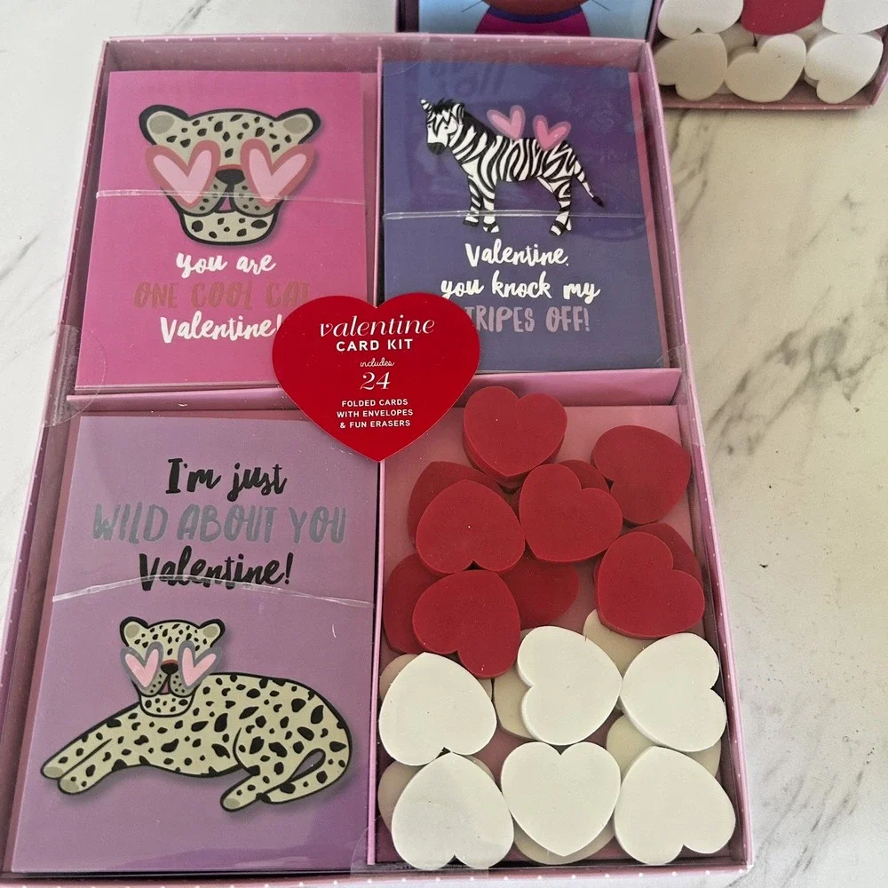 Valentine Card Kits 2024 Lot of 3 Packages 24 Cards Erasers Kohl's Cats Cheetahs